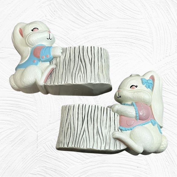 Vintage 1990 Burwood Products Co. 2 Bunny Rabbits Planters Wall Pockets - Picture 2 of 7
